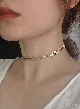 珍珠短款项链女月桂枝小众设计品