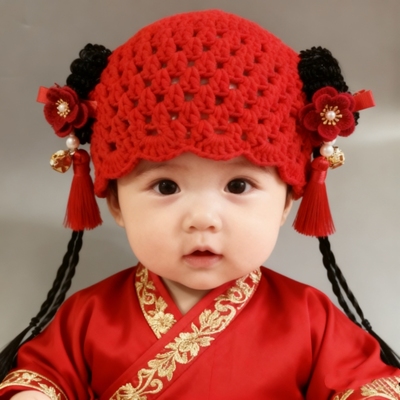 2025新款女宝宝假发帽子春秋婴儿帽古风汉服喜庆红色套头帽公主风