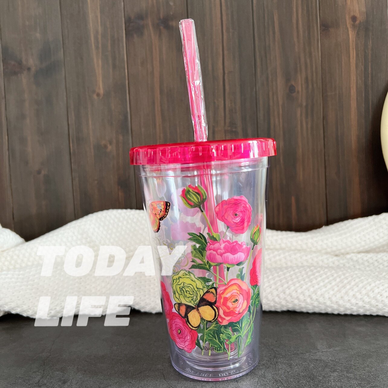 ins风粉玫瑰有盖韩式亚克力双层吸管冷饮杯饮料杯果汁杯星冰乐杯
