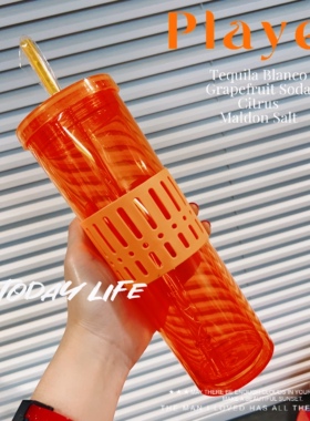 外贸尾货 热情橙黄色复古个性吸管杯双层水杯可爱杯子 冷饮奶茶杯