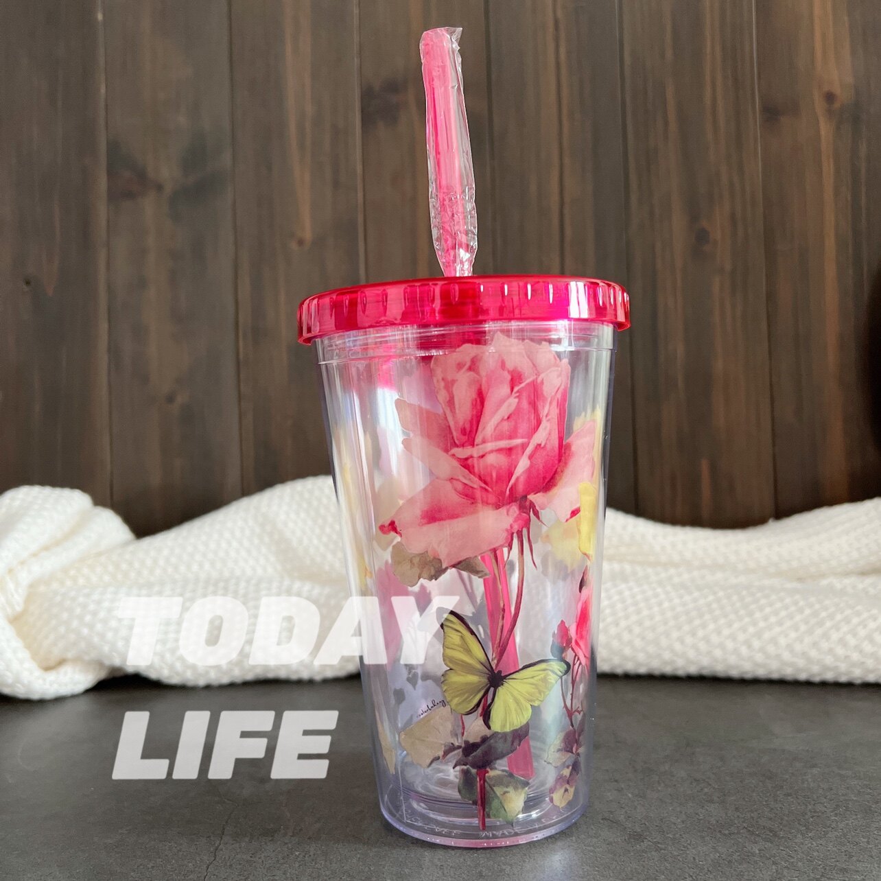 ins风粉黄玫瑰花系亚克力双层吸管杯冷饮杯果汁杯星冰乐杯饮料杯