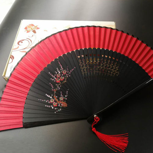 红色梅花折扇古风旗袍扇子好开合