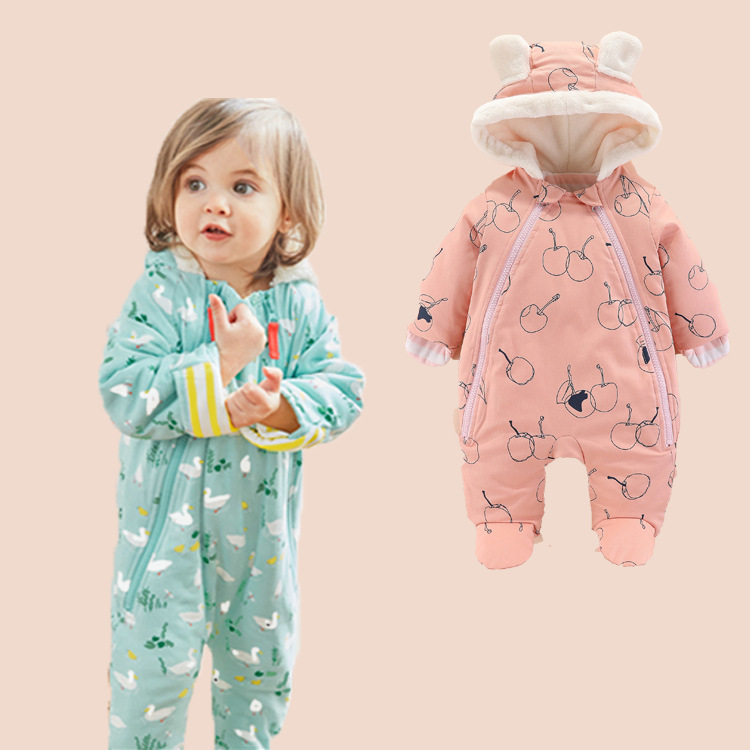 春秋新款婴儿冬加厚连体衣宝宝连帽外出长袖包脚保暖哈衣女童棉服