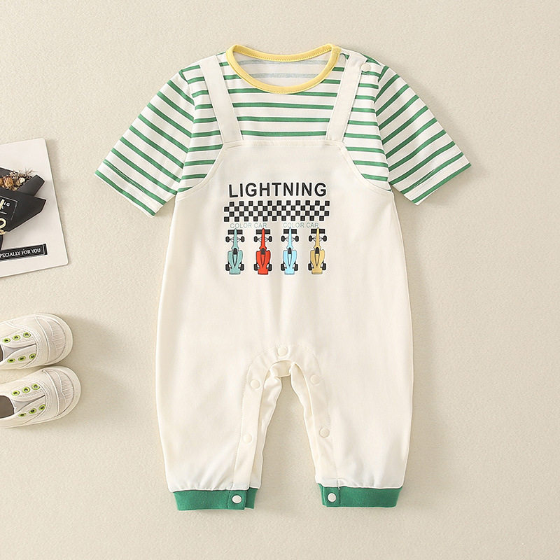 短袖长裤连体衣婴儿衣服夏装男宝宝假两件短袖长裤连体衣夏季条纹