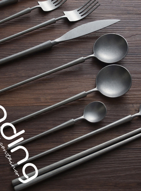 西餐具刀叉勺复古做旧银灰色意面餐叉套装筷子甜品调羹304不锈钢