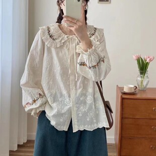 日系森系刺绣系带娃娃领棉衬衫女秋季新款宽松百搭减龄小清新上衣