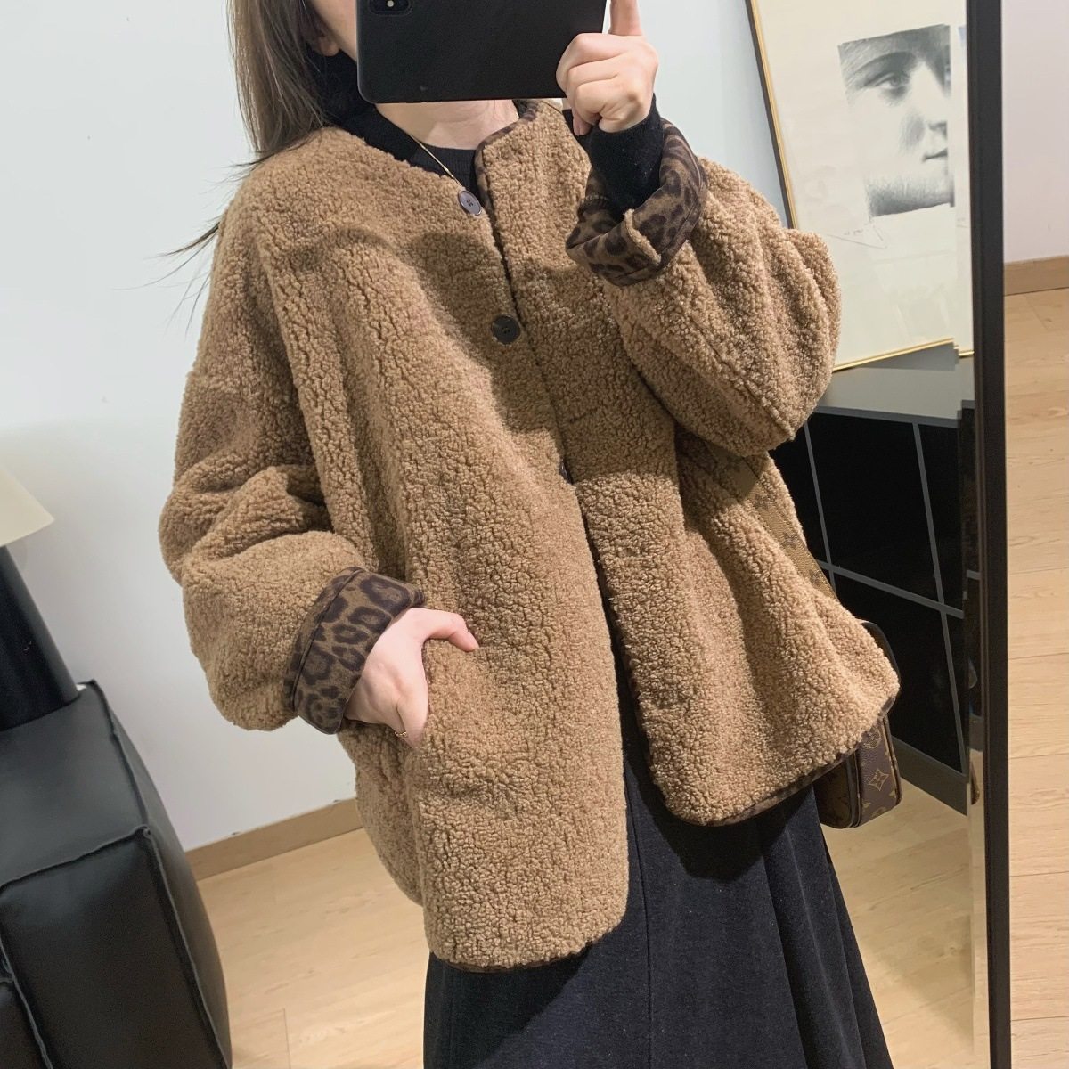 设计感豹纹撞色羊羔毛外套秋冬季宽松皮毛一体加厚保暖上衣外套女,女装/女士精品,短外套,淘宝优惠券,粉丝福利购,淘宝优惠卷