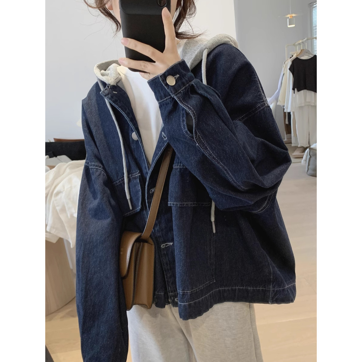 连帽牛仔外套女式春秋季新款宽松大码显瘦拼色韩版大口袋复古上衣,女装/女士精品,短外套,淘宝优惠券,粉丝福利购,淘宝优惠卷