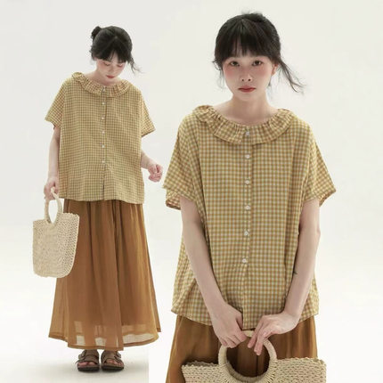 格纹短袖衬衫2026日系森女系圆领田园风减龄甜美百搭宽松上衣女