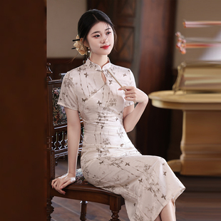 水墨印花短袖旗袍女长款显瘦修身气质连衣裙2026新中式文艺通勤风