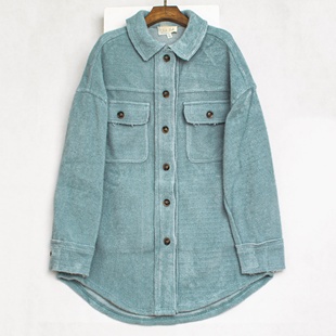 外贸单 秋冬雾霾蓝粗花呢衬衫外套 宽松工装风毛呢质感休闲衬衣