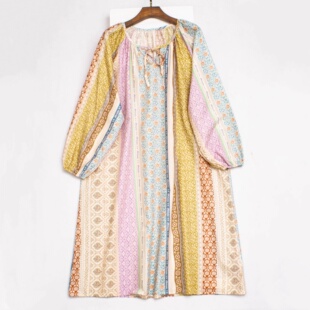 系带 外贸单 灯笼袖 彩色条纹撞色 度假风中长裙 波西米亚风连衣裙