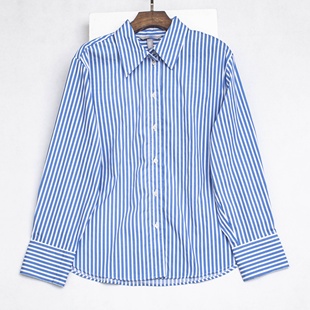 外贸单 蓝白竖条纹衬衫女 设计感翻领长袖纯棉衬衣 百搭小众上衣