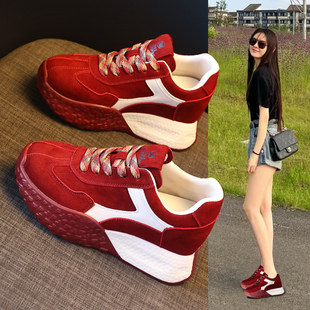 红色松糕休闲运动鞋 新款 百搭 女2026春季 厚底内增高9CM德训阿甘鞋