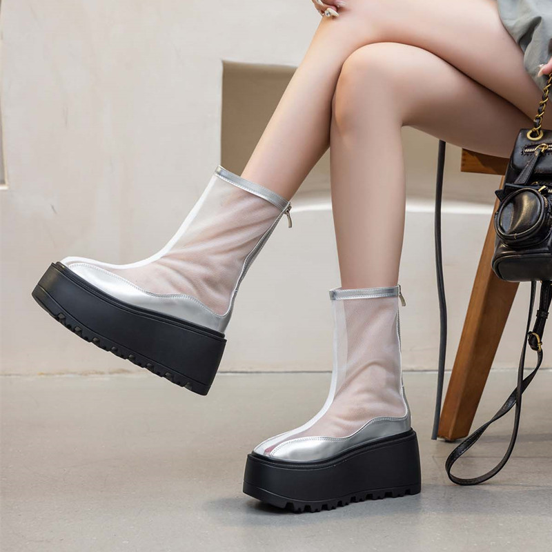 厚底夏季薄款网纱凉靴女2026新款时尚小个子增高8CM休闲松糕短靴