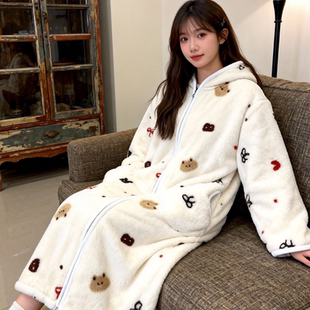 睡裙睡袍睡衣家居服女秋冬季长款加厚可外穿珊瑚绒保暖费尔岛复古