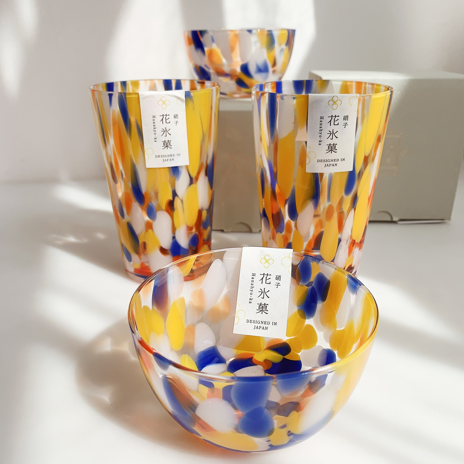 现货日本进口餐具时尚彩虹花水彩糖果色彩花玻璃杯果汁杯玻璃碗