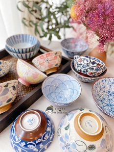 现货日本进口美浓烧家用饭碗福吉祥花唐草青海波十草釉下彩餐具