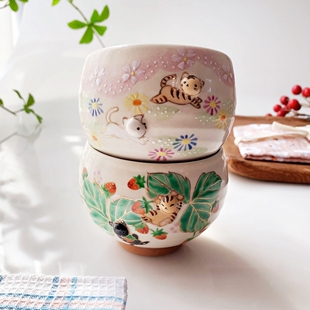现货日本进口清水烧作家器手绘手作陶器田园插画熊猫兔茶杯汤吞杯