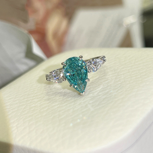 高级感水滴形3克拉帕拉伊巴戒指女轻奢人工钻石蓝绿宝石碧玺戒子