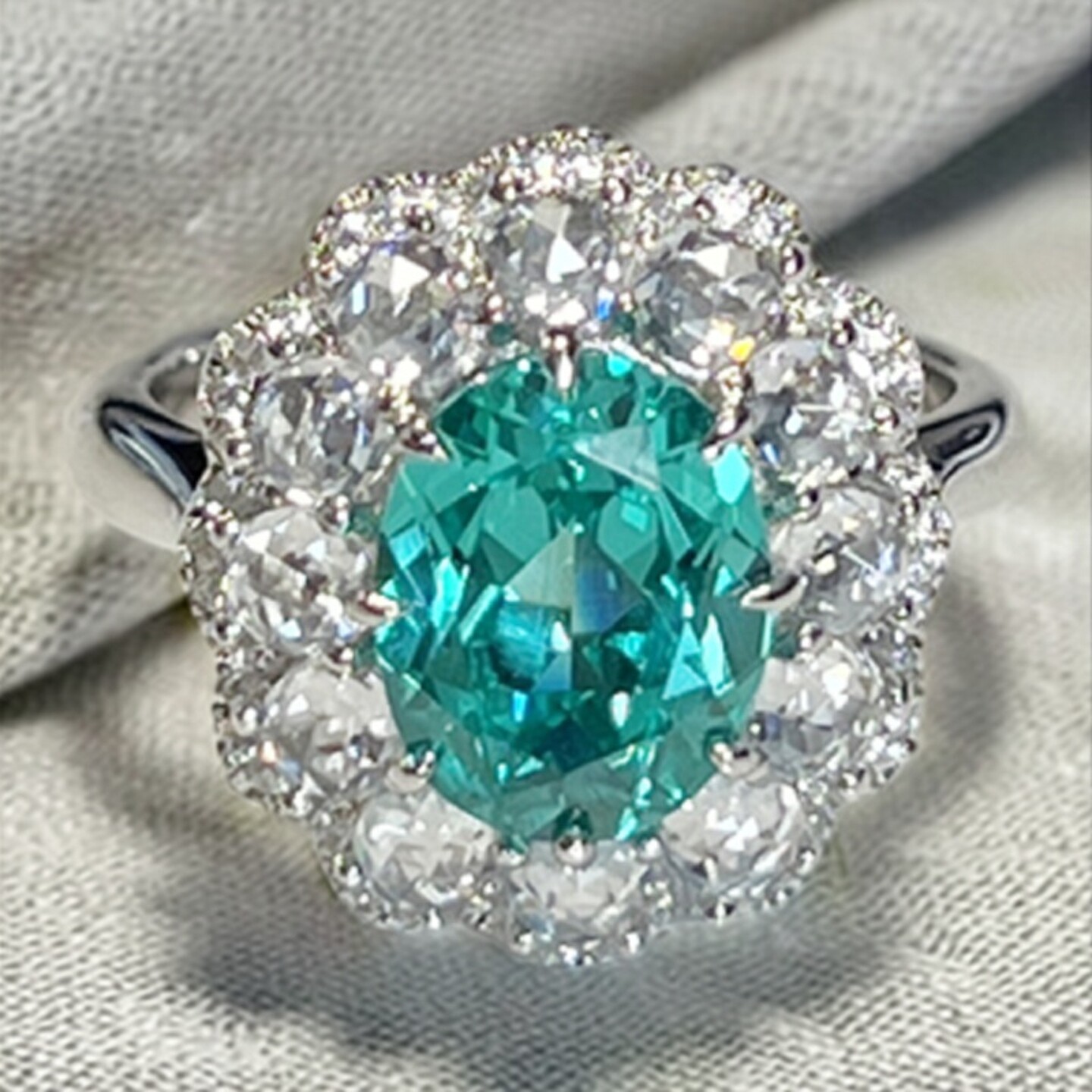 轻奢人工帕拉伊巴戒指女3克拉围镶镶钻碧玺蓝绿宝石彩宝戒子纯银