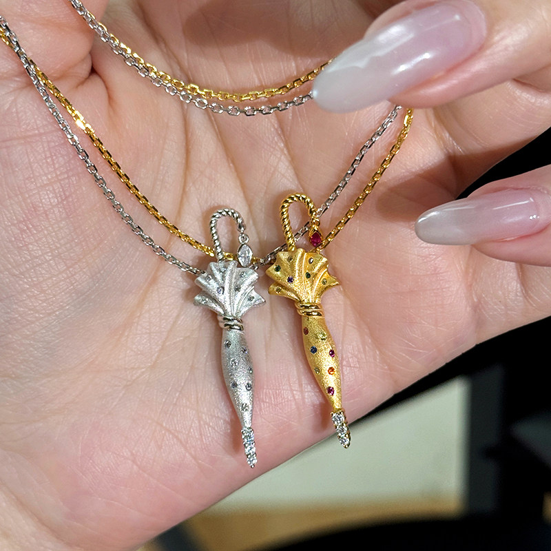 甜酷独特彩色钻石雨伞项链女金色925银小众设计感小伞吊坠锁骨链
