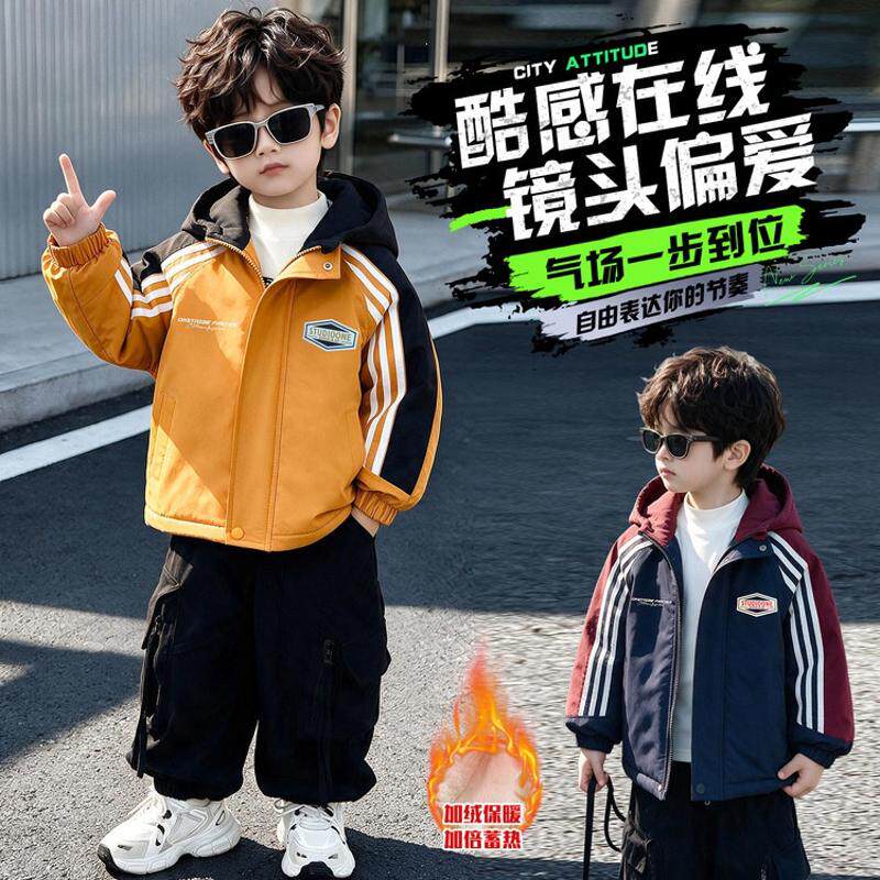 男童冬装加绒拉条拼色派克服韩版儿童加厚潮款外套中小童跨境棉衣