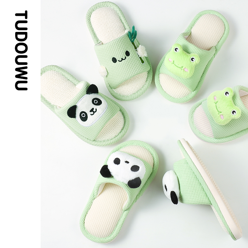 熊猫儿童拖鞋女童女孩2025新款防滑四季室内大童专用亚麻家居男童