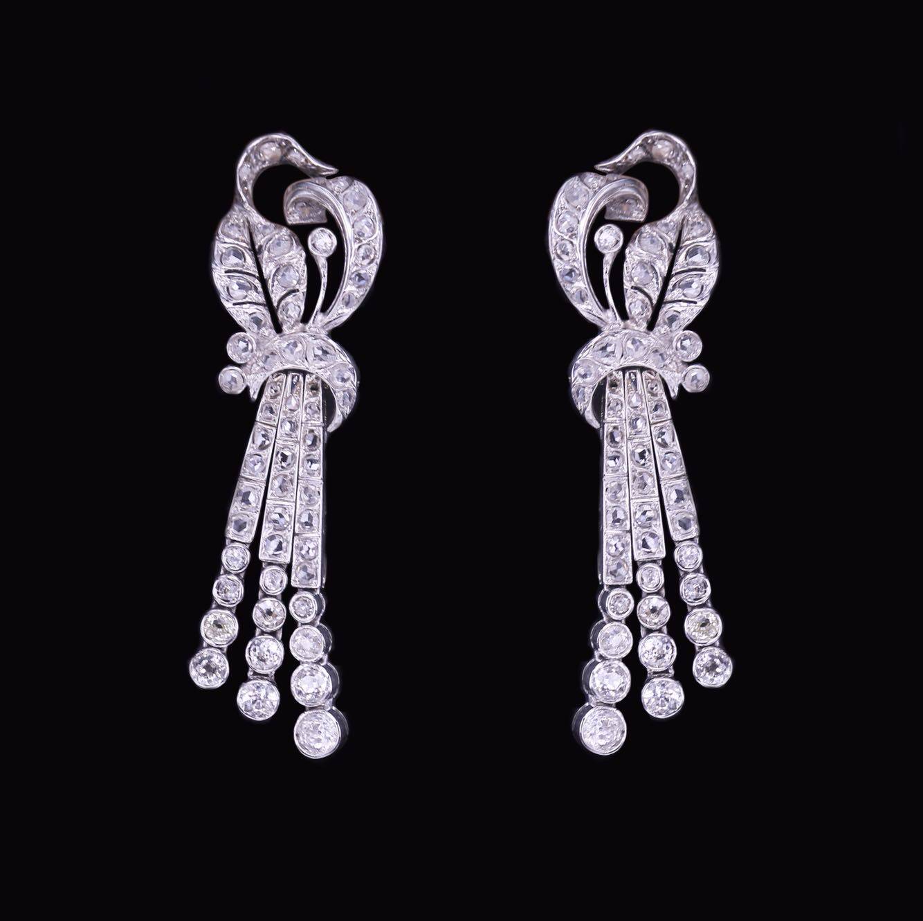 爱德华时期古董钻石耳环,流苏垂坠装饰元素,滚珠花边宫廷感极强