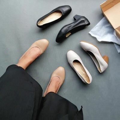 牛皮中跟松紧口工装好穿奶奶鞋