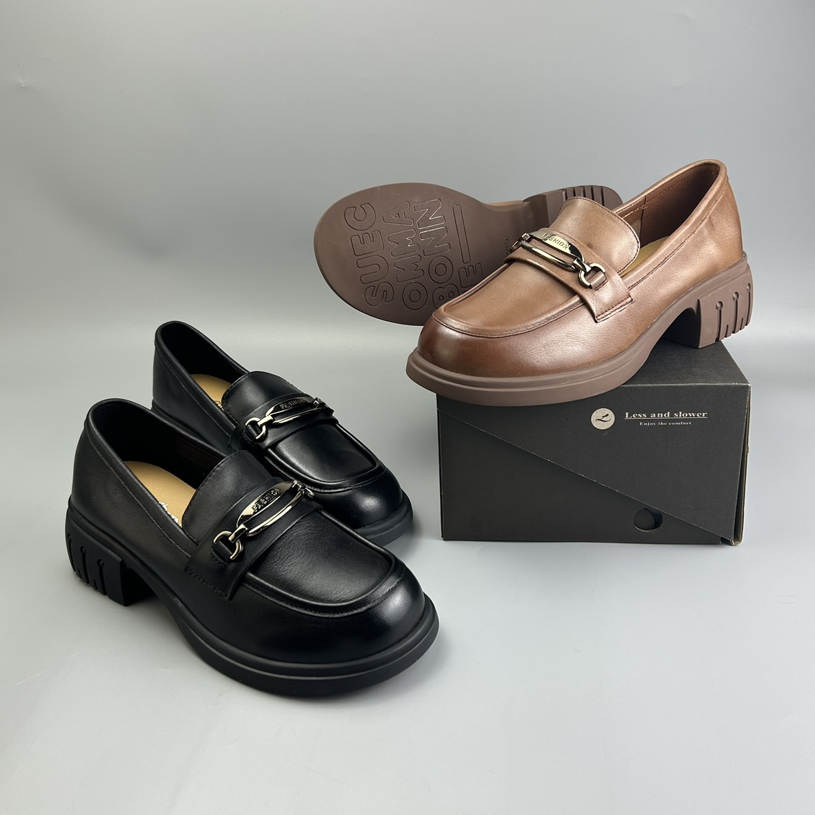 粗跟牛皮女鞋英伦皮鞋乐福鞋