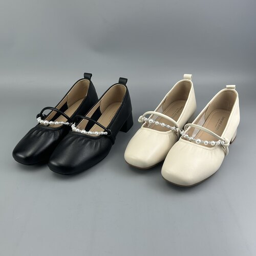 水钻串珠玛丽珍羊皮女鞋粗跟单鞋