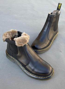 D家鞋库 好货！上等牛皮套筒女短靴 皮毛一体保暖切尔西靴 8068