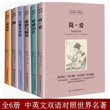 全6册 傲慢与偏见巴黎圣母院简爱呼啸山庄飘茶花女 英文原版 中文版 中英文对照双语世界名著 英汉对照互译原著小说书籍红与黑复活