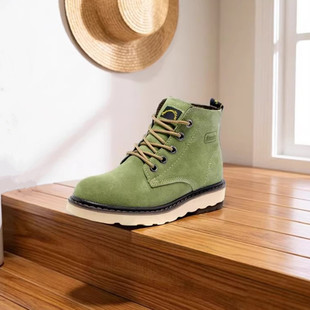 真皮马丁靴短筒工装靴男女款英伦高帮靴子圆头绿色系带户外休闲鞋