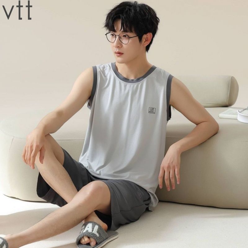 夏天莫代尔男士睡衣男款夏季冰丝宽松简约薄款背心短裤套装