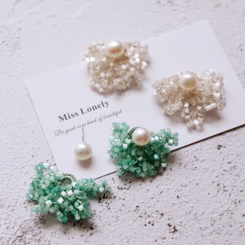 孤独少女 薄荷绿猫眼管珠钩针串珠耳环日系925银针耳钉小众设计