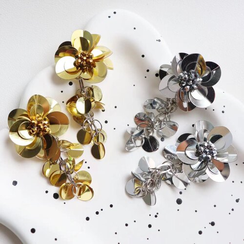 孤独少女  向日葵欧尼同款耳环金色花朵长款银色亮片设计师品牌