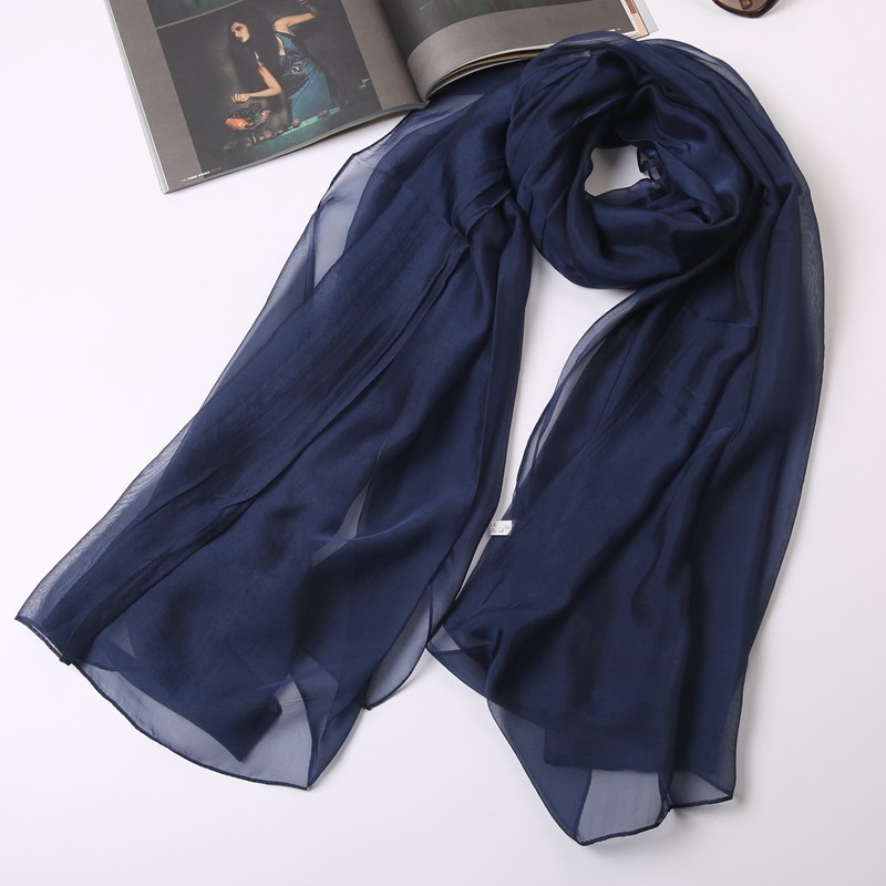 春秋季女百搭真丝围巾冬天桑蚕丝长款丝巾韩版纯色装饰纱巾薄款蓝
