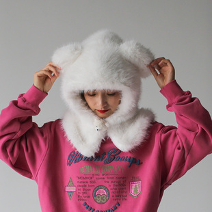 2024新款冬季毛绒可爱小熊帽围脖一体保暖护耳大头圆脸适合的帽子