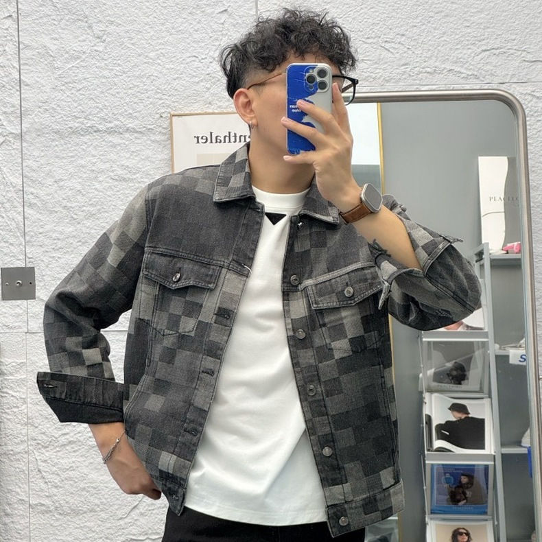 2025 男装潮牌夹克欧货棋盘格牛仔夹克男士牛仔时尚翻领外套
