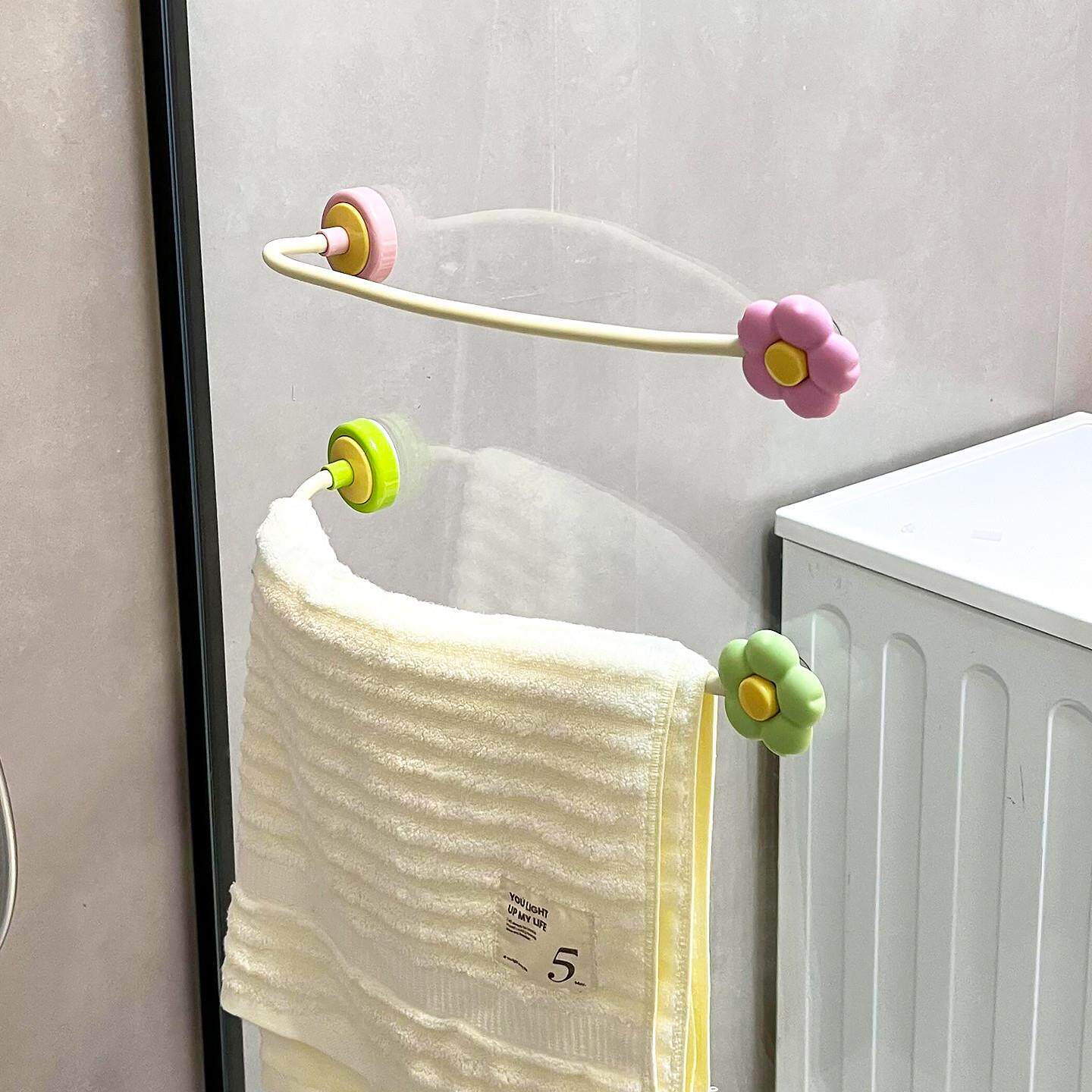多巴胺花朵室毛巾架免打孔吸盘浴室玻璃门厕所墙上收纳浴巾架