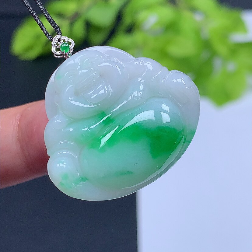 天然缅甸翡翠A货白底青飘阳绿佛公吊坠18K金扣头完美实拍玉吊坠女