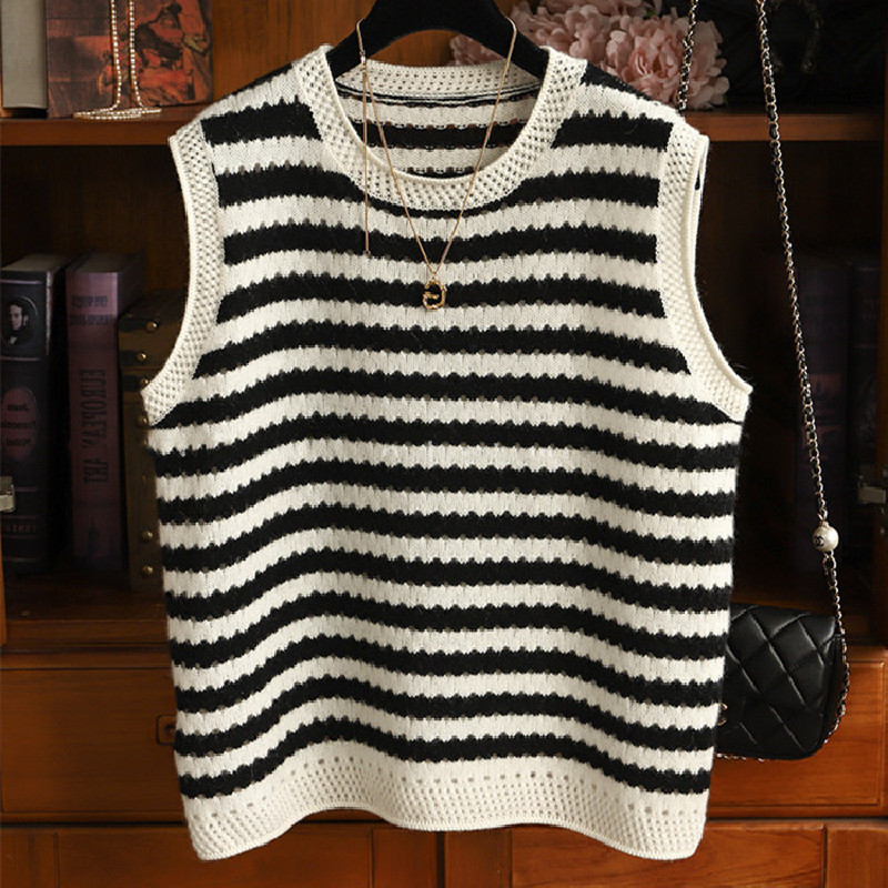 镂空条纹山羊绒马甲圆领套头坎肩