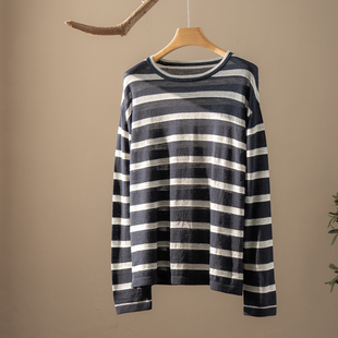 毛衣 内搭长袖 80支精纺超薄圆领条纹羊绒衫 女秋冬宽松针织打底套衫