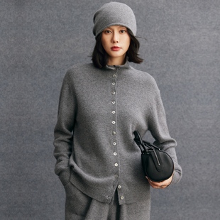 老钱风山羊绒高领开衫女休闲百搭多扣羊毛针织衫宽松慵懒毛衣外套