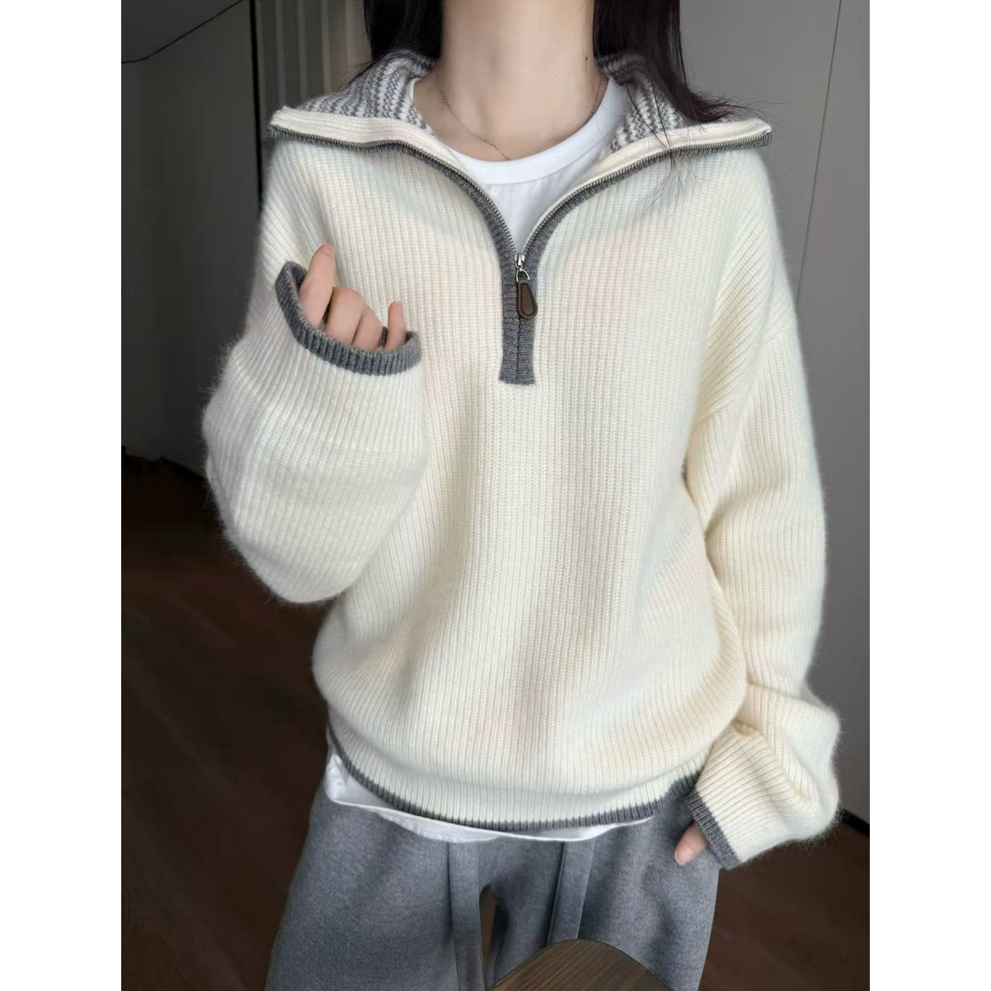 100%纯羊毛半拉链条纹撞色翻领加厚毛衣女秋冬保暖高领针织羊毛衫,女装/女士精品,毛针织衫,淘宝优惠券,粉丝福利购,淘宝优惠卷