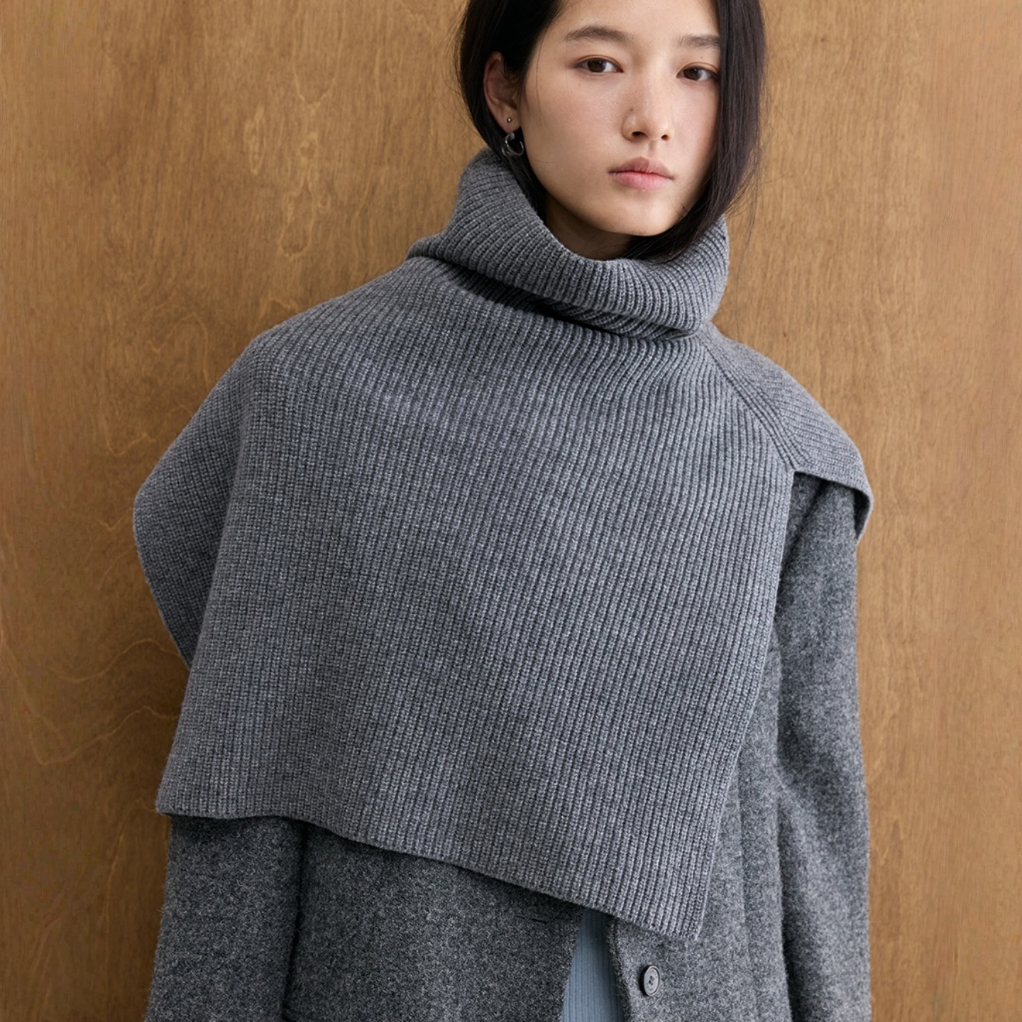 加厚加大100%纯羊毛披肩斗篷女秋冬高领开叉保暖外搭针织围脖围巾