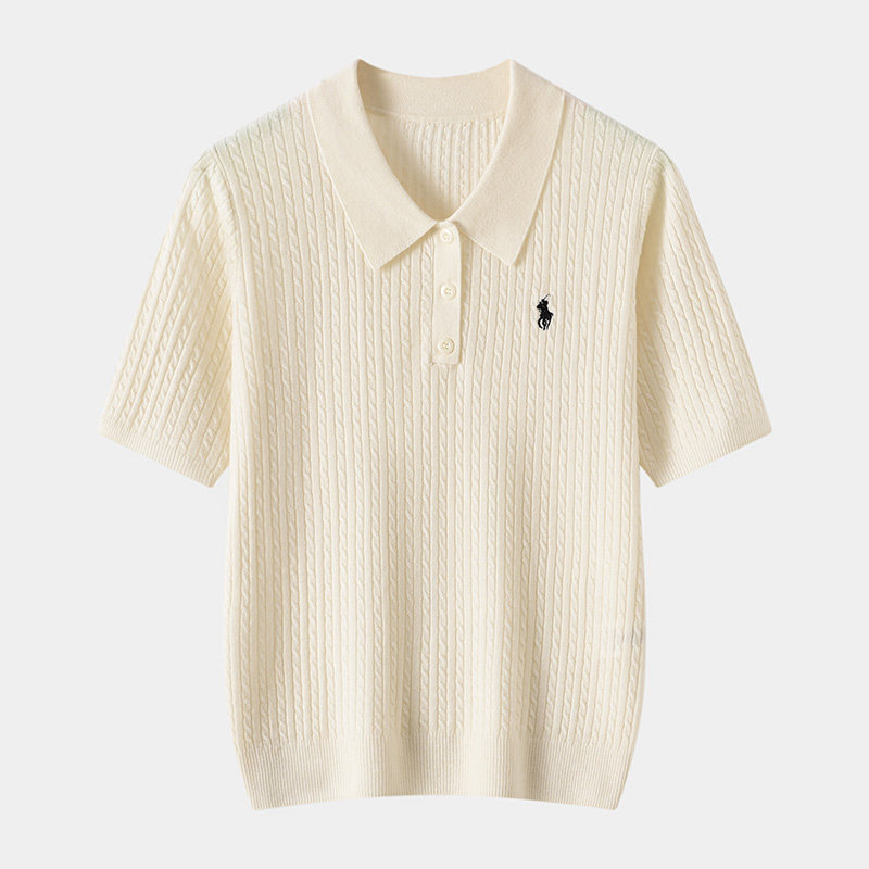 春夏超薄精纺纯羊毛刺绣POLO领麻花短袖针织衫女套头半袖上衣多色