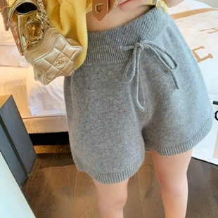 灰色外穿休闲阔腿裤 纯羊毛a字高腰针织短裤 女宽松显瘦25秋冬新款